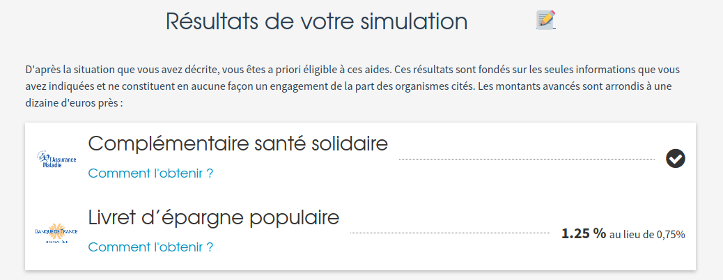 Extrait de la page de résultats avec les aides