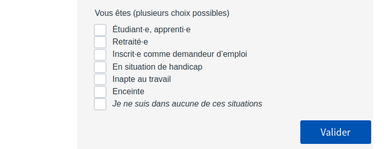 Version actuelle avec une case à cocher « Je ne suis dans aucune de ces situations »